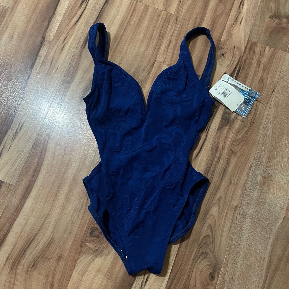 NWT! Vintage 90s Baja Blue One Piece Swimsuit Indigo Textured Floral V-Neck Sz 6